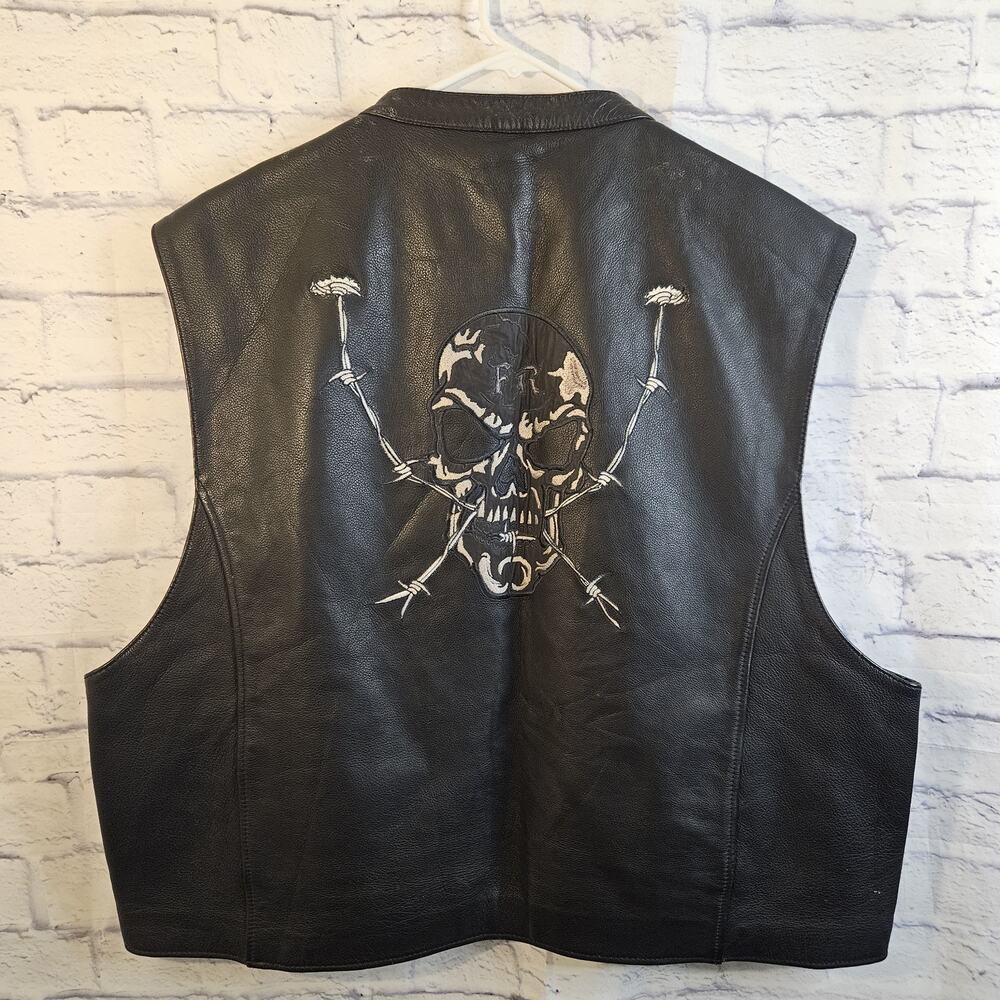 First Racing Leather Vest Mens 5X Black Biker Skull Graphic Full Zip Pockets - Picture 3 of 9